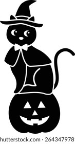 Halloween pumpkin with black cat Silhouette isolated.
Cute black cat flat cartoon vector illustration. 
Transparent background.