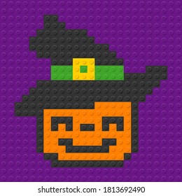 Calabaza de Halloween con sombrero negro. vector de icono de arte de píxeles. juguete de bloques de ladrillo.