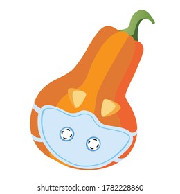 Halloween pumpkin in black medical mask with breathing flap isolated on white background as pandemic, halloween party, safe holiday concept. Flat vector stock illustration with pumpkin as sticker