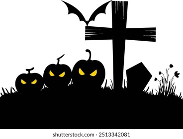 abóbora halloween com silhueta preta do cemitério isolado no fundo transparente. ilustração vetorial