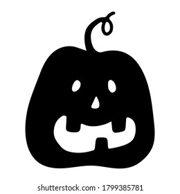 Halloween pumpkin black silhouette with cut face smile. All saints eve symbol. Hand drawn doodle clip art for holiday card poster invitation. Stock vector illustration isolated on white background.
