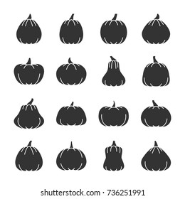 Halloween Pumpkin black silhouette icon set. Monochrome flat design vector illustration symbol collection. Simple graphic pictogram pack. Party, web, print, card, poster, banner, flyer, tag concept