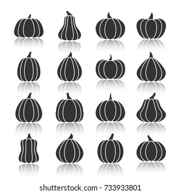 Halloween pumpkin black silhouette with reflection icon set. Monochrome flat design symbol collection. Simple graphic pictogram pack. Web, infographic, business style logo concept. Vector illustration