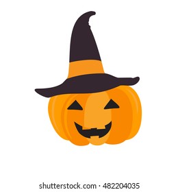 Halloween pumpkin with black witch hat. Abstract vector symbol of halloween isolated on white.