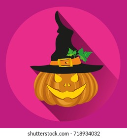 Halloween pumpkin with a black witch hat. Vector illustration. greeting card or invitation to a party and a party.