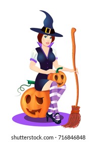halloween pumpkin in the Black Witch Hat,vector illustration.character.