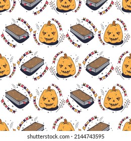 Halloween pumpkin and Book. Seamless pattern on a white background. Cute vector illustration.