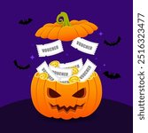 Halloween pumpkin box, scary gift box with voucher, skull coin flying out, cartoon style, spooky pumpkin basket, 2D flat design. Vector illustration.