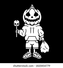 Halloween pumpkin boy in clothes with a skull 