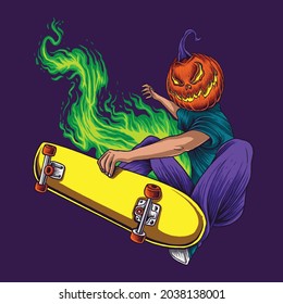 Halloween Pumpkin Boy playing skateboard