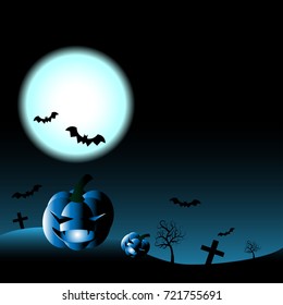 Halloween pumpkin with bright and graveyard background in blue tone illustration, Vector
