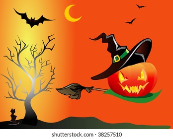 Halloween. The pumpkin with a broom flies on the sky