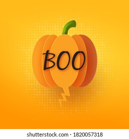 Halloween Kürbisblasen-Rede auf orangefarbenem Hintergrund Papier geschnitten Stil.Vektorgrafik.