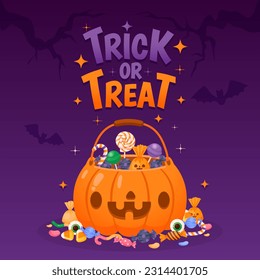 Halloween pumpkin bucket. Autumn candy basket, poster trick and treat bag, banner with sweets, party invitation with cute pumpkins face and bats. Vector illustration. Chocolates and lollipops