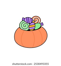 Cubo de calabaza de Halloween con caramelos. Bolsa de calabaza con piruletas, dulces, caramelos. Cesta de truco o trato. Vector aislado ilustración de dibujos animados