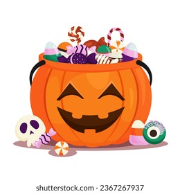 Cubo de calabaza de Halloween con caramelos. Cara espeluznante Bolsa de Calabaza con ollipops, dulces, caramelos. Truco o tratamiento de la cesta. Ilustración vectorial aislada en estilo de caricatura