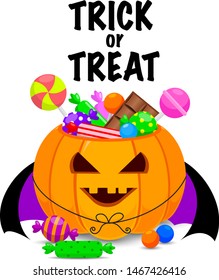 Halloween pumpkin bucket with candies. Trick or treat concept.  Sweet lollipop candy treats for kids. Illustration design for greeting card, poster banner and print.