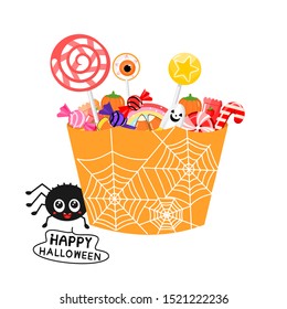 Halloween pumpkin bucket with candy, cute sweets for Halloween party. vector illustration