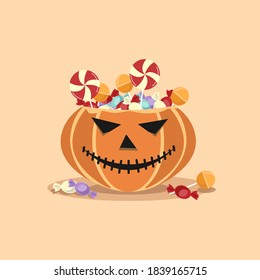 Halloween pumpkin bucket with candy, cute sweets for Halloween party. vector illustration