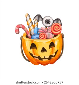 Halloween Pumpkin Bucket with Candy and Eyeball – Cute Watercolor.