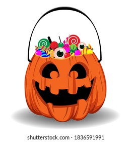 Halloween pumpkin bucket with candy isolated on white background.Vector illustration