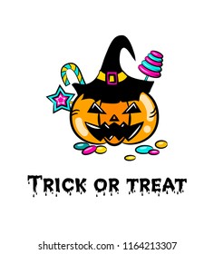 Halloween Pumpkin Bucket with Candy, sweets and lollipops. Cartoon style.