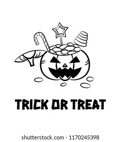 Halloween Pumpkin Bucket with Candy, sweets and lollipops. Outline icon