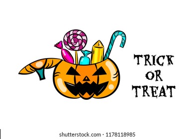 Halloween Pumpkin Bucket with Candy, sweets and lollipops. Cartoon style.