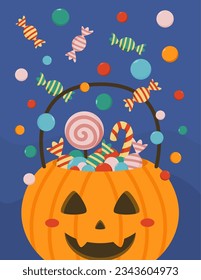 Halloween pumpkin bucket with confetti candy. Halloween pumpkin surrounded by toffy. Trick or Treat. Flat design.