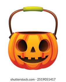 Cubo de calabaza de Halloween con una cara sonriente linda y mango marrón, ideal para coleccionar dulces. Vector ilustración de dibujos animados