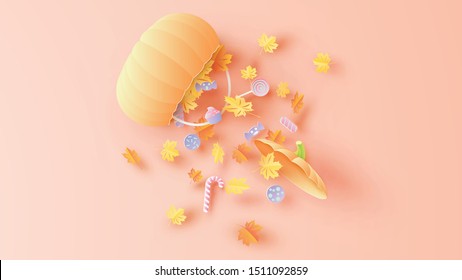 Halloween pumpkin bucket falling with maple leaves, Halloween candy splash out. paper cut and craft style. vector, illustration.