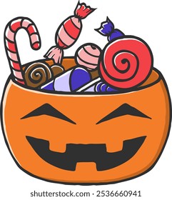 Balde de abóbora de Halloween cheio de doces, desenhado à mão, ilustração vetorial