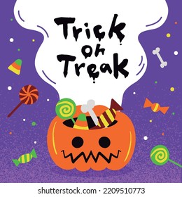 Halloween pumpkin bucket full of candies. Trick or treat.