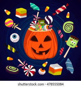 Halloween pumpkin bucket with holiday sweets, such as candy, cake, lollipop, eyeballs, zombie, and other. Happy Halloween background, poster, banner, card. Vector illustration