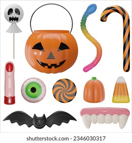 halloween pumpkin bucket and isolated 3d candies