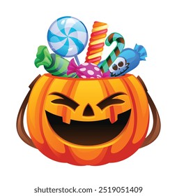 Halloween pumpkin bucket with joyful face, filled with candies and treats. Vector cartoon illustration