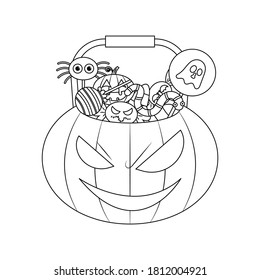 Halloween pumpkin bucket with halloween sweets and candies vector illustration cartoon coloring page. 