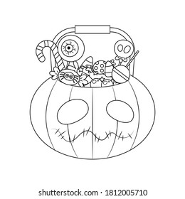 Halloween pumpkin bucket with halloween sweets and candies vector illustration cartoon coloring page. 