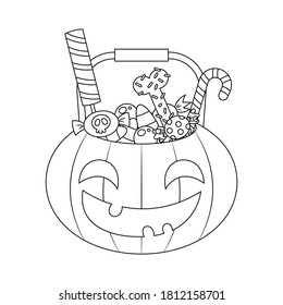 Halloween pumpkin bucket with halloween sweets and candies vector illustration cartoon coloring page. 