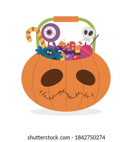 Halloween pumpkin bucket with halloween sweets and candies vector illustration cartoon isolated on white background. 