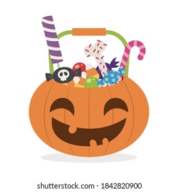 Halloween pumpkin bucket with halloween sweets and candies vector illustration cartoon isolated on white background. 