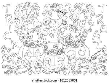 Halloween pumpkin buckets   candies adult coloring page  Meditation coloring book  Halloween trick treat sweet   candy coloring page  