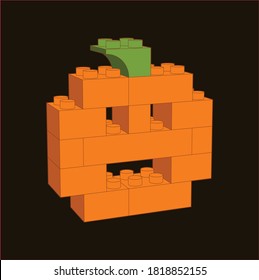 Halloween Pumpkin building block, bricks for children. Vector isometric illustration. Colored bricks isolated on white background,  for halloween's day cards.