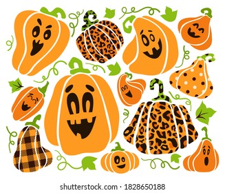 Halloween pumpkin bundle leopard print, polka dot, buffalo plaid pumpkins, jack o lantern face, funny cartoon flat holiday characters for festive party decoration, clothes print, horror autumn vector