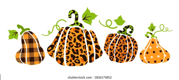 Halloween pumpkin bundle - leopard print, polka dot and buffalo plaid pumpkins, jack o lantern funny cartoon flat holiday isolated autumn modern cliparts for party decoration, clothes print - vector