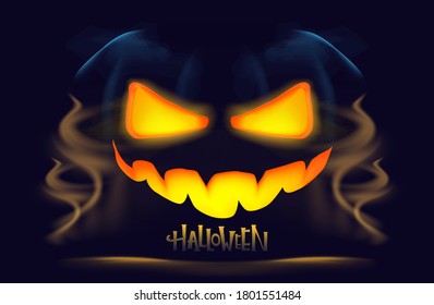 Halloween pumpkin with burning eyes and mystical fog. Vector illustration design.