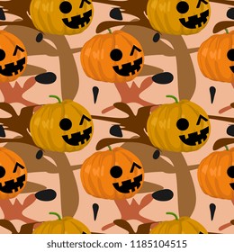 Halloween pumpkin in the bush childish seamless pattern. vector illustration for fashion textile print and wrapping with festive design.