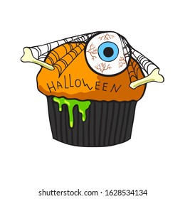 Halloween pumpkin cake icone with spider's web bones and eye. use in card illustration icone design in web, cover holiday menu. 
