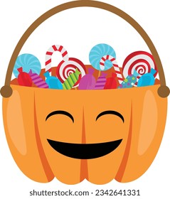 Halloween pumpkin with candies. Cartoon candy pumpkin basket, lollipop, jelly food and candy cane vector illustration. Halloween pumpkins, lollipops and candies