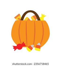 Halloween pumpkin with candies. Cartoon sweets pumpkin basket, lollipops, jelly treats and candy cane vector illustration. Pumpkin trick or treat bag. Halloween pumpkin, lollipop and candy